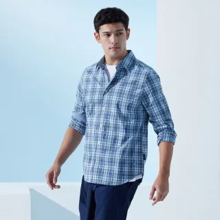 【NAUTICA】男裝 吸濕排汗休閒格紋長袖襯衫(藍色)