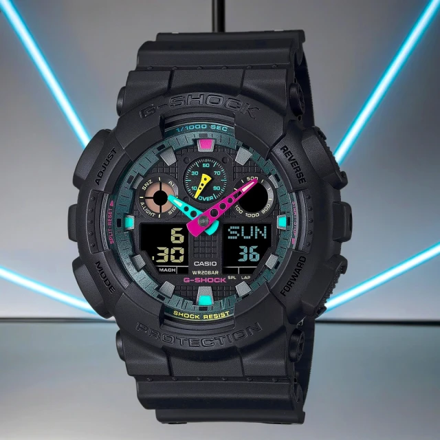 CASIO 卡西歐 G-SHOCK 虛擬世界 霓虹科幻雙顯手錶 開學(GA-100MF-1A)