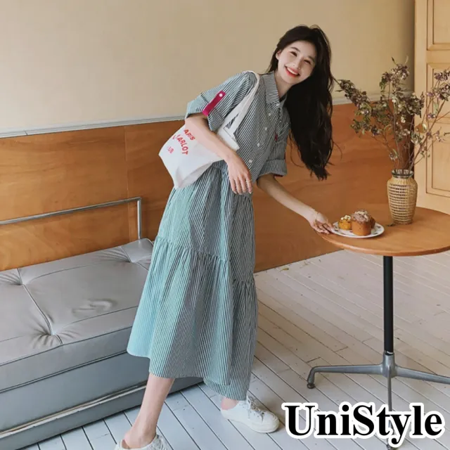 【UniStyle】撞色短袖洋裝 韓系條紋收腰顯瘦襯衫裙 女 ZMC021-9107(綠條紋)