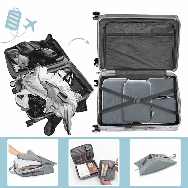 【Flymate】壓縮旅行收納袋六件組 衣物收納包鞋袋盥洗包化妝包 機能防潑水抗皺 行李箱分類旅遊壓縮袋