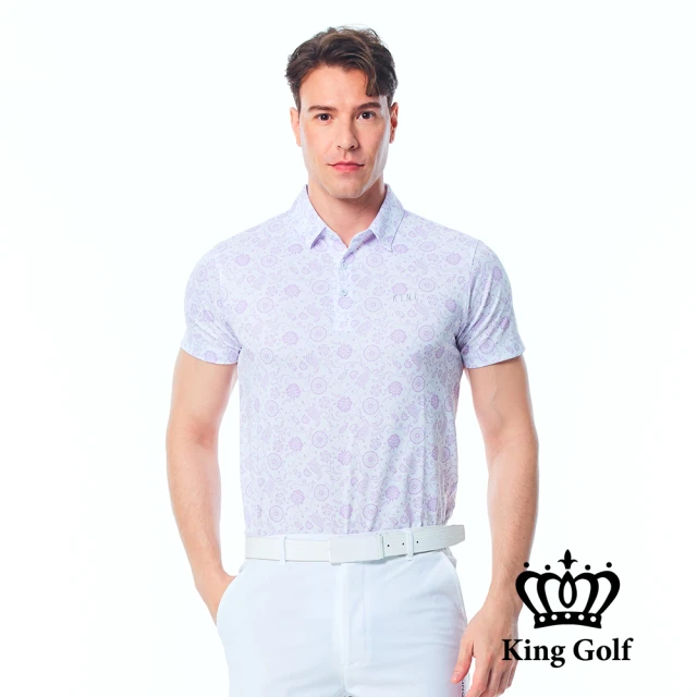 KING GOLF 實體同步款-男款小花圖騰滿版印圖立體LOGO燙標短袖POLO衫/高爾夫球衫(紫色)