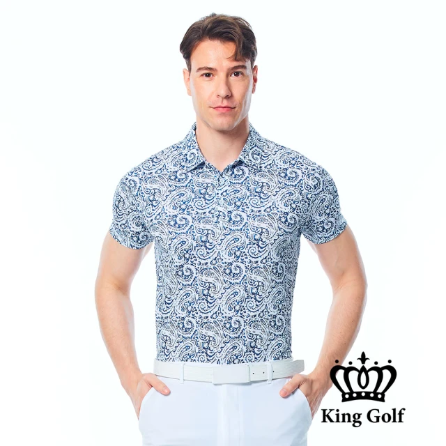 KING GOLF 實體同步款-男款變形蟲滿版印圖立體LOGO燙標短袖POLO衫/高爾夫球衫(丈青)