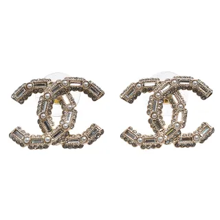 【CHANEL 香奈兒】經典大雙C LOGO水鑽珍珠排列造型穿式耳環(金AB9704-OR)