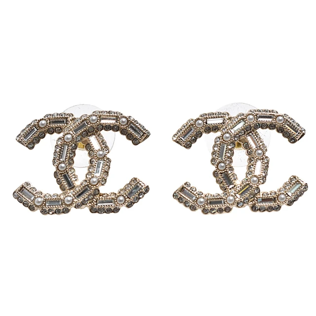 CHANEL 香奈兒 經典大雙C LOGO水鑽珍珠排列造型穿式耳環(金AB9704-OR)