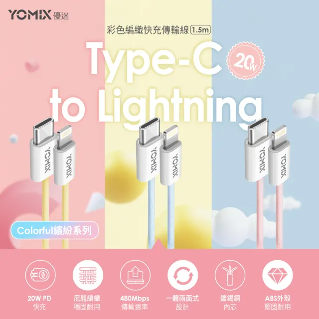3入組【YOMIX 優迷】Type-C to Lightning 20W編織快充充電傳輸線(繽紛三色/PD快充/1.5m耐磨編織線)