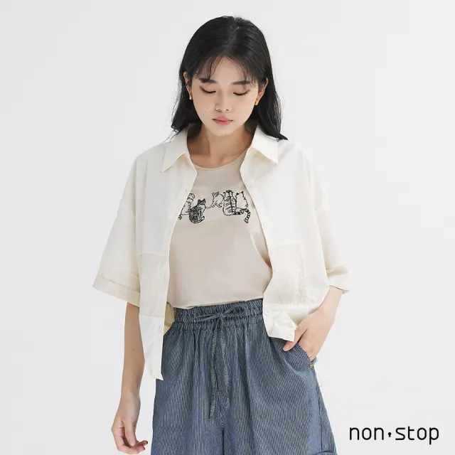 【non-stop】雪紡拼接短版襯衫-2色