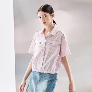 【MYSHEROS 蜜雪兒】VITA 純棉襯衫上衣 翻領排釦 直條紋鬆緊下擺(粉)