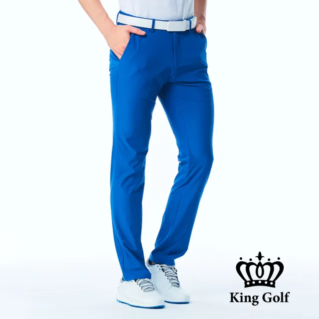 【KING GOLF】實體同步款-男款腰部線條印花素面百搭修身彈性休閒長褲/高爾夫球長褲(藍色)