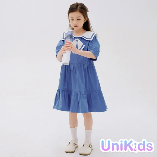 UniKids 中大童裝短袖洋裝海軍領連身裙 女大童裝 VW22033(藍)