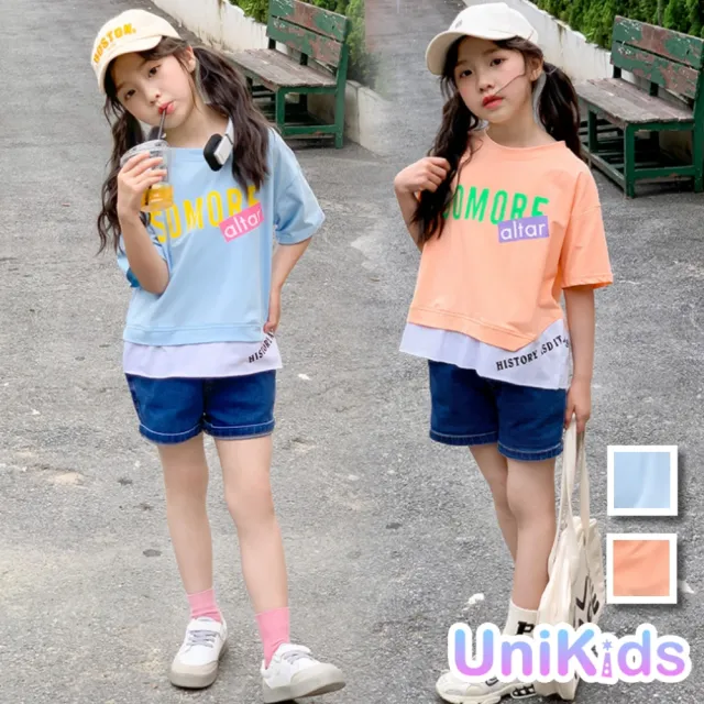 【UniKids】中大童裝假兩件字母短袖T恤上衣  女大童裝 VWHT208T(藍T 橙T)