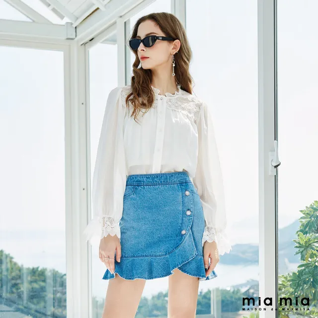【mia mia】鑽釦荷葉A字牛仔短裙