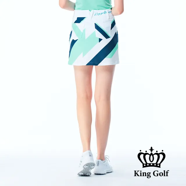 【KING GOLF】實體同步款-女款撞色線條色塊修身A LINE短裙/高爾夫球裙(綠色)