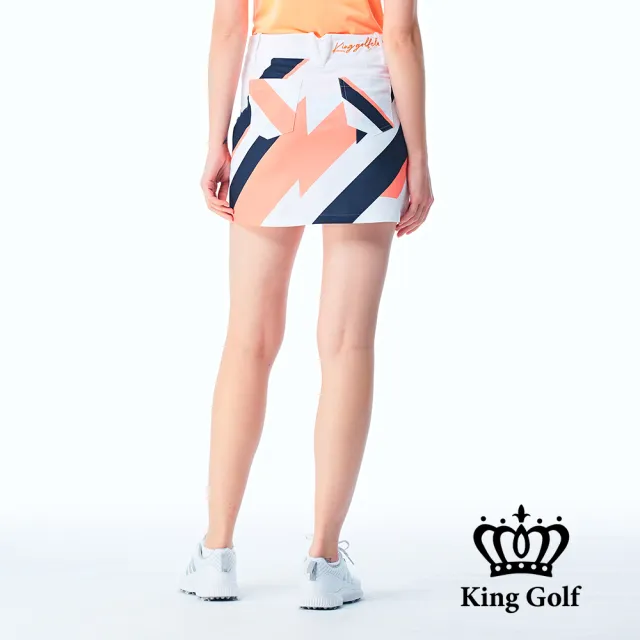 【KING GOLF】實體同步款-女款撞色線條色塊修身A LINE短裙/高爾夫球裙(橘色)