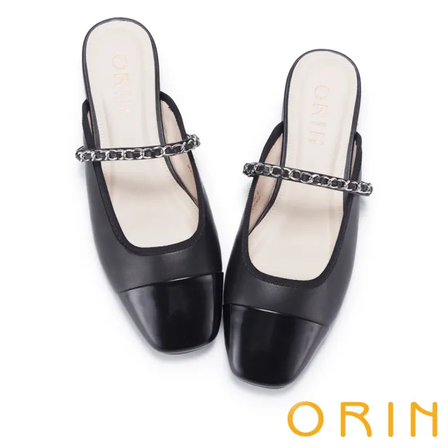 【ORIN】小香風鏈條真皮方頭平底穆勒鞋(黑色)