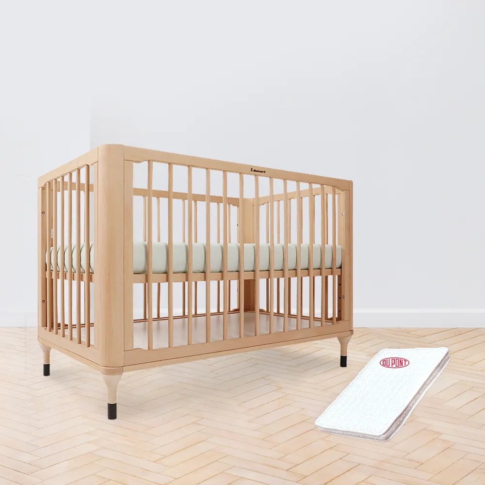 【i-smart】原生初紋櫸木嬰兒床+杜邦立體防蹣透氣墊(超值兩件組 成長床、書桌床)