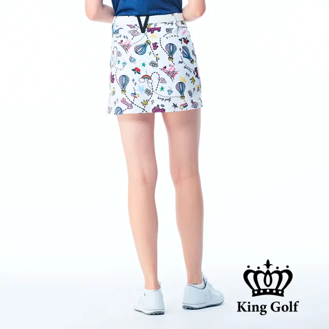 【KING GOLF】實體同步款-女款滿版繽紛熱氣球印花A LINE短裙/高爾夫球裙(白色)