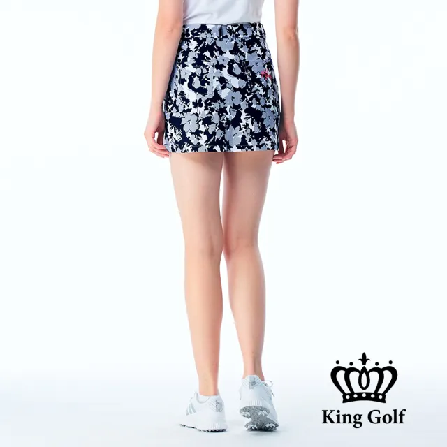 【KING GOLF】實體同步款-女款扶桑迷彩印花修身A LINE短裙/高爾夫球裙(丈青)