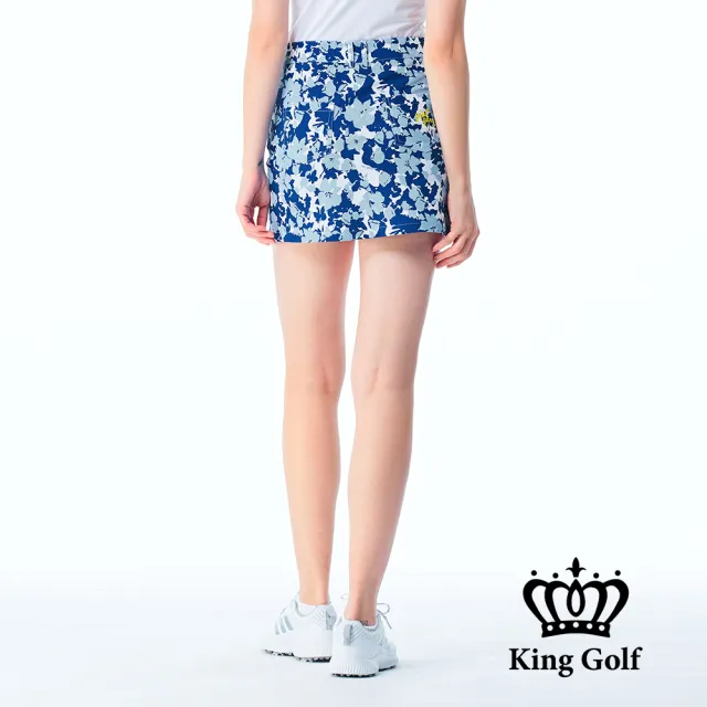 【KING GOLF】實體同步款-女款扶桑迷彩印花修身A LINE短裙/高爾夫球裙(藍色)