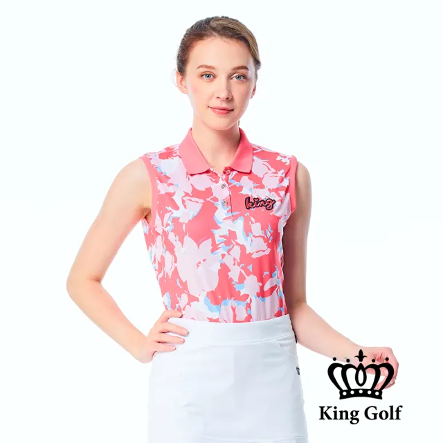 【KING GOLF】實體同步款-女款燙鑽刺繡迷彩印花撞色領口無袖背心POLO衫/高爾夫球衫(粉色)