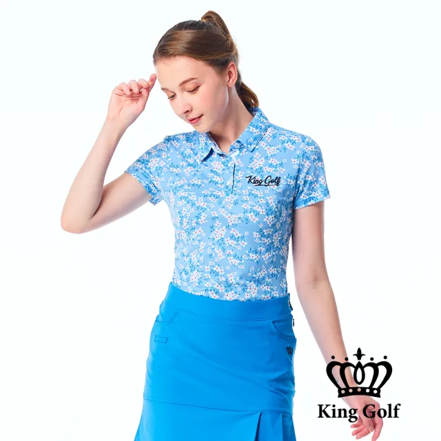 【KING GOLF】實體同步款-女款滿版繽紛小碎花印花POLO衫/高爾夫球衫(藍色)