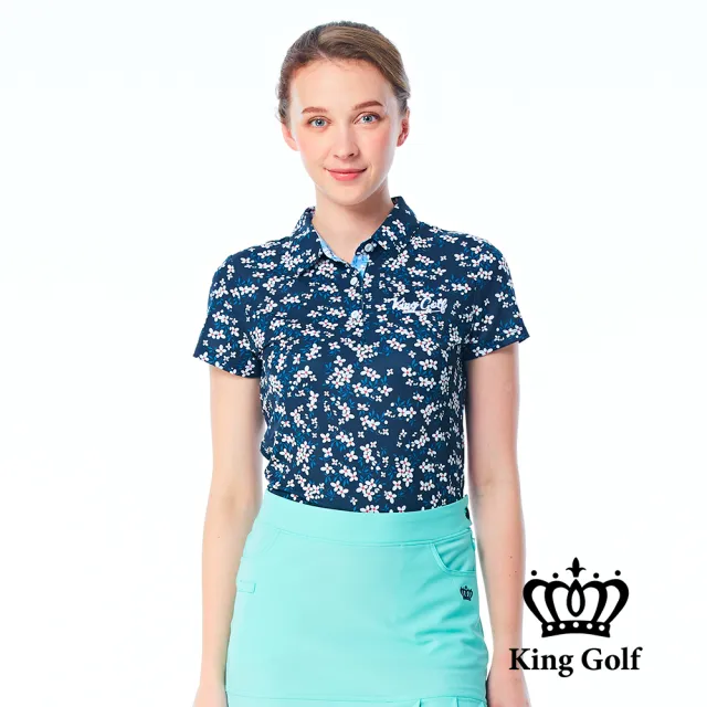 【KING GOLF】實體同步款-女款滿版繽紛小碎花印花POLO衫/高爾夫球衫(丈青)