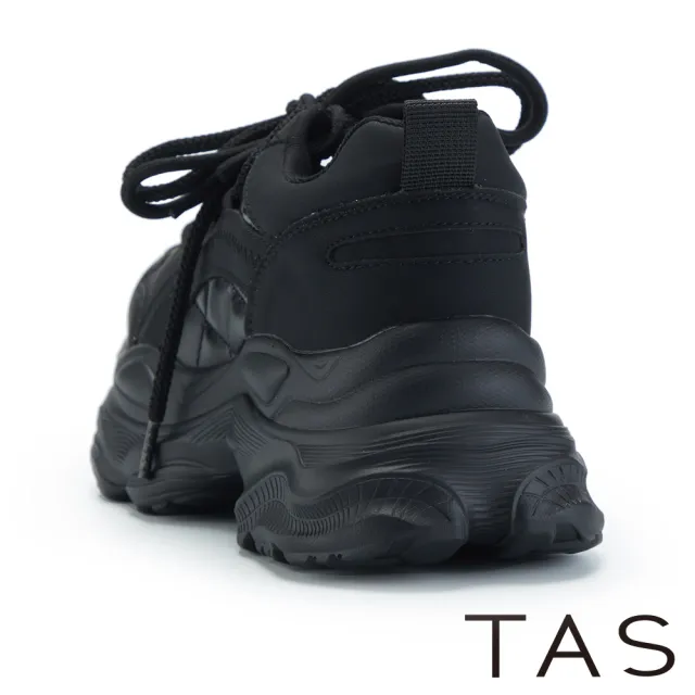 【TAS】牛皮拼接羽絨布綁帶老爹厚底休閒鞋(黑色)