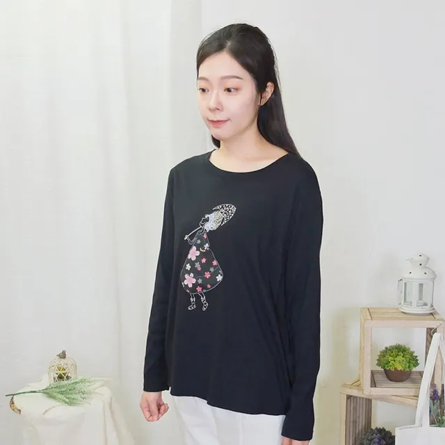 【Hana Mokuba】花木馬日系女裝大圓領趣味貼布印繡花休閒長袖上衣(T恤)