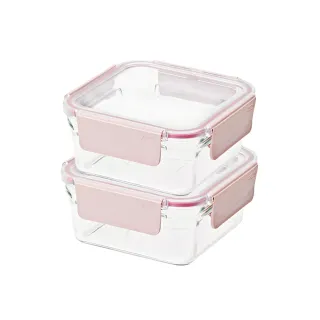 【Glasslock】韓國製烤箱可用強化玻璃櫻花粉保鮮盒-正方形1130ml二入組