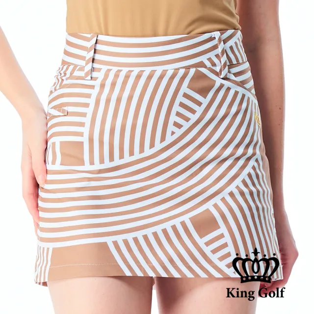 【KING GOLF】實體同步款-女款滿版纏繞條紋A LINE短裙/高爾夫球裙(卡其色)