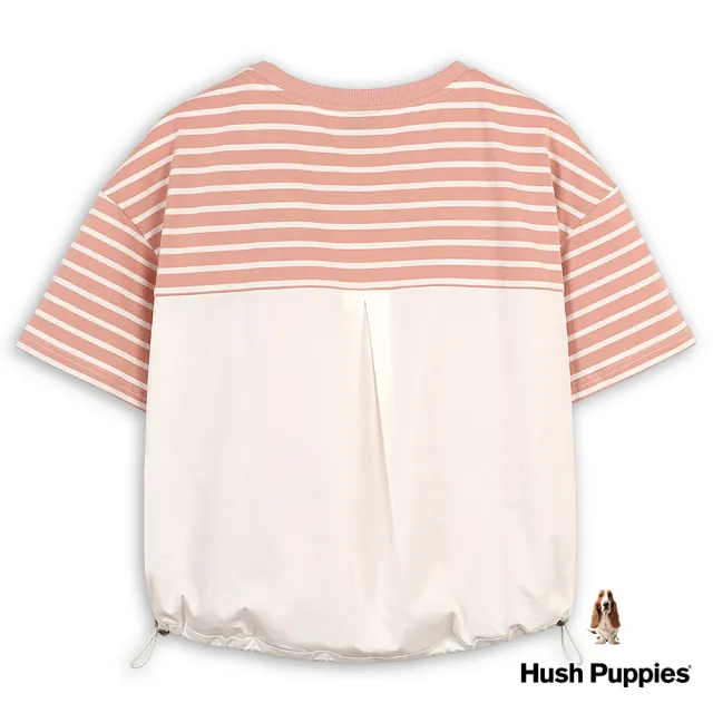 【Hush Puppies】女裝 上衣 女裝異材質拼接條紋刺繡狗上衣(粉紅 / 43210108)