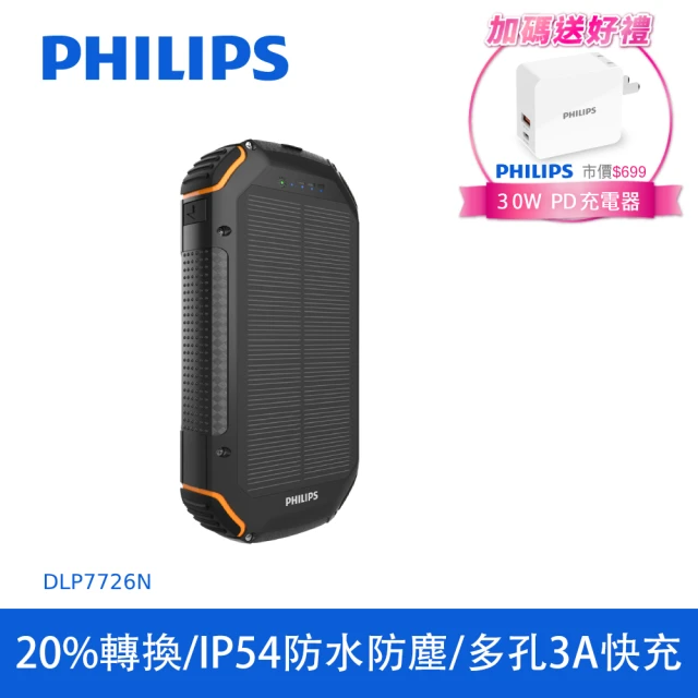 【Philips 飛利浦】DLP7726N 20000mAh 15W 3孔輸出 太陽能行動電源(有太陽就有電/超大容量/自帶照明)