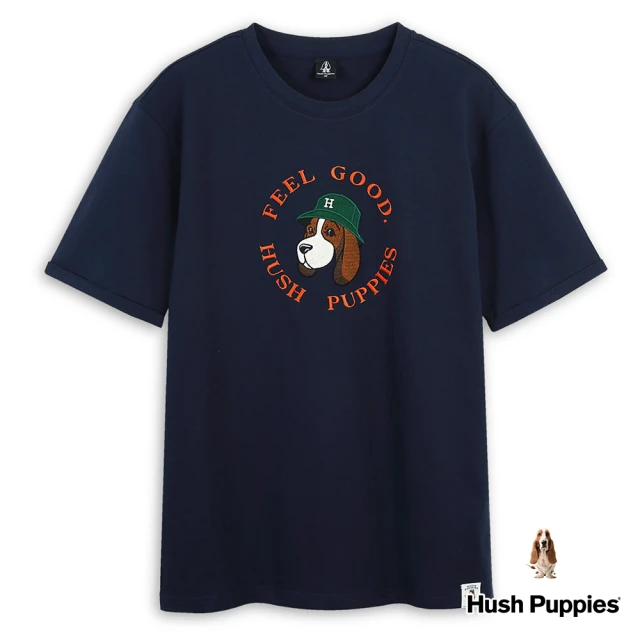 Hush Puppies 男裝 上衣 素色Q版刺繡漁夫帽狗短袖上衣(丈青 / 43110205)