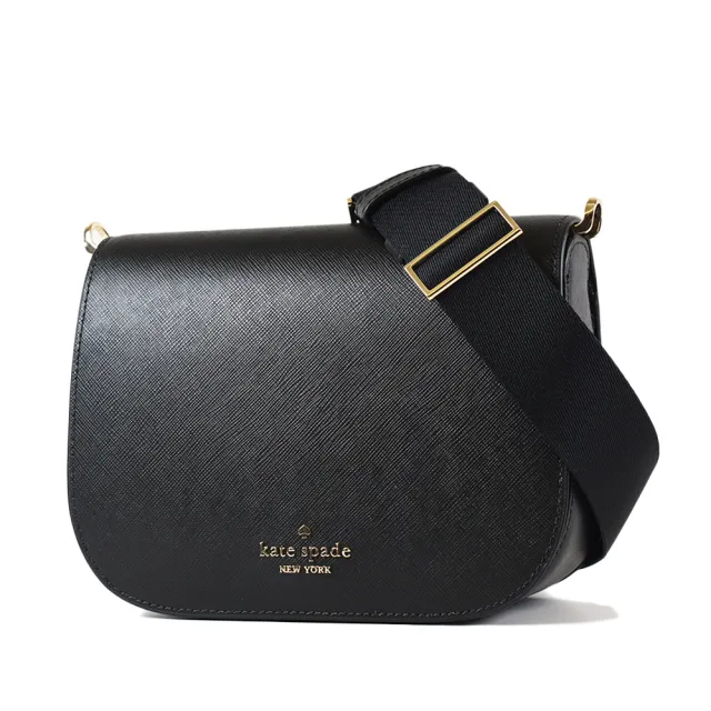 【KATE SPADE】Madison 十字紋防刮翻蓋斜背馬鞍包-黑色