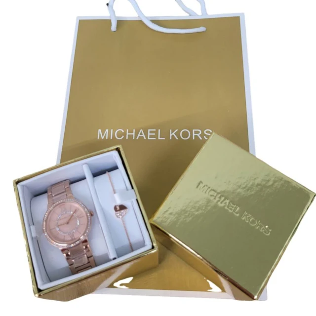 Michael Kors Michael Kors Mini Gabbi 密鑲玫瑰金色手錶與心型手鍊套裝組(手鏈手錶禮盒/贈原廠紙袋)