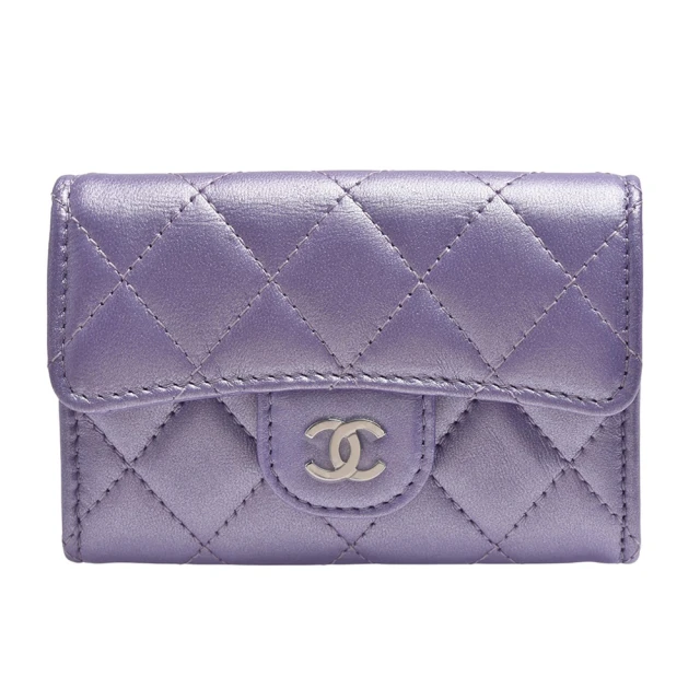 CHANEL 香奈兒 經典雙C LOGO菱格紋炫彩牛皮暗釦卡夾/零錢包(紫色AP0214CB-PURPLE-ARG)