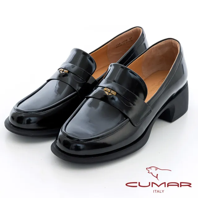 【CUMAR】擦色開珠邊錢幣飾扣粗跟樂福鞋(黑色)