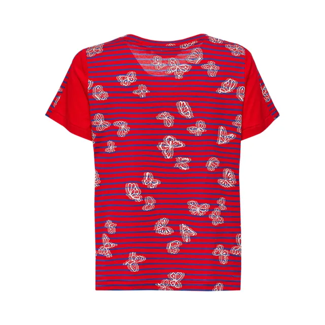 【ILEY 伊蕾】蝴蝶繽紛條紋絲光棉上衣(紅色；M-2L；1242251207)