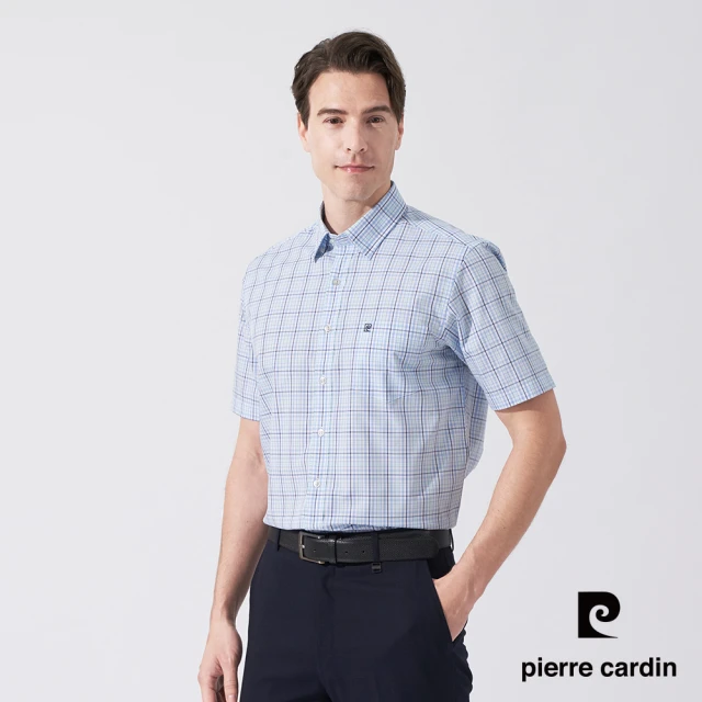 pierre cardin 皮爾卡登 商務休閒 男款 純棉格紋短袖襯衫-水藍色(5247164-35)