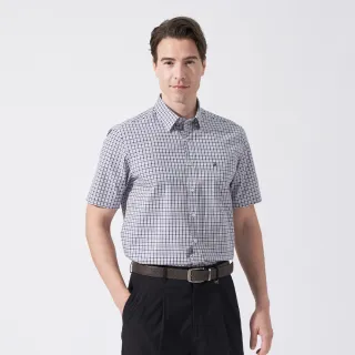 【pierre cardin 皮爾卡登】休閒服飾 男款 純棉格紋休閒短袖襯衫-深藍色(5247162-38)
