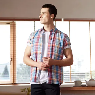 【pierre cardin 皮爾卡登】休閒服飾 男款 格紋休閒短袖襯衫-藍色(5247165-36)