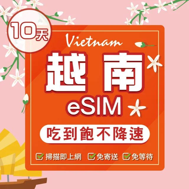 【環亞電訊】eSIM越南10天（原生網路）吃到飽不降速(eSIM 24H自動發貨 免等待免換卡 吃到飽 越南 越南網卡)