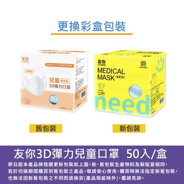 【台灣康匠】友你 兒童3D彈力醫療口罩-黃色 白色  藍色(2盒組 50入/盒)