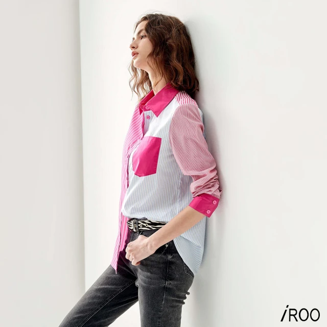 【iROO】條紋拼接襯衫式上衣