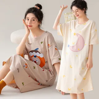 【Kosmiya】1件 純棉印花短袖睡裙/女睡衣/睡衣/居家服/連身洋裝/洋裝(6色可選/均碼/加大碼)