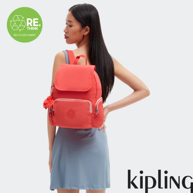 【KIPLING】（網路獨家款）活力珊瑚橘掀蓋拉鍊後背包-CITY ZIP S