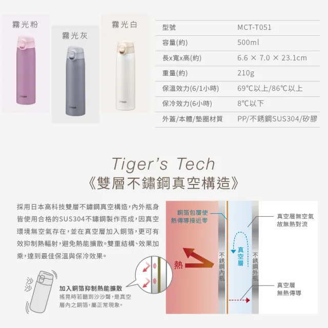 【TIGER 虎牌】夢重力超輕量彈蓋不鏽鋼保溫杯500ml(MCT-T051 保溫瓶)