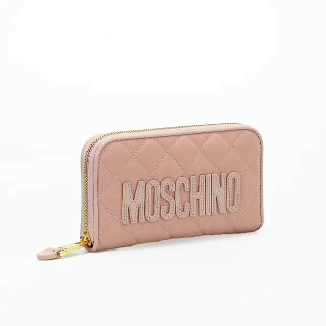 【MOSCHINO】莫斯奇諾 經典菱格紋縫線LOGO長夾 裸粉色(2B810282012169U172)