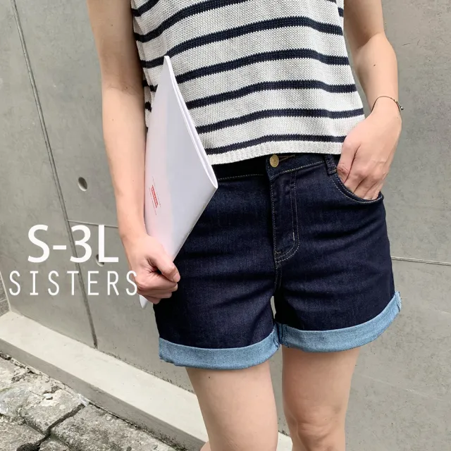 【SISTERS】現貨 深藍水洗小皮標修身俐落牛仔褲 短褲/S-3L(牛仔短褲/直筒褲/顯瘦/寬褲/加大/女短褲)