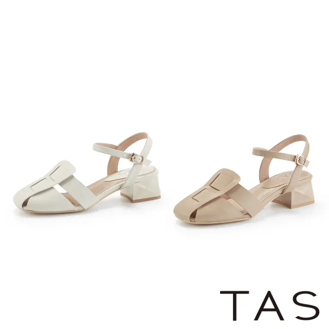 【TAS】寬版編織護趾羊皮中跟鞋(米白)