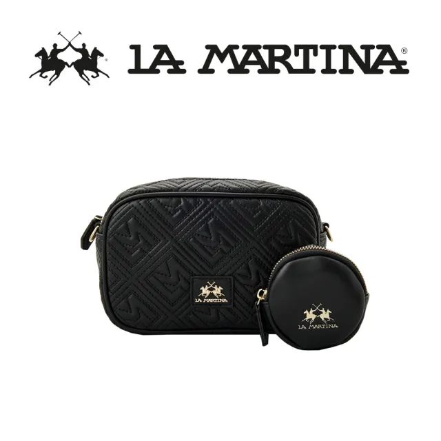 【LA MARTINA】雙11 義大利原裝進口 頂級金標皮革肩背多功能包 1386T(黑色)